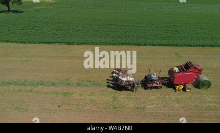 Vue aérienne d'un fermier Amish sa récolte Récolte avec 4 chevaux et un équipement moderne Banque D'Images