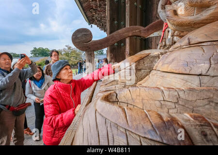 Nara, Japon - 29 octobre 2018 : senior asian woman non identifiés avec Binzuru - le Bouddha de guérison au Temple Todaiji Banque D'Images