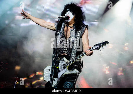 Trondheim, Norvège - Juin 28th, 2019. Le groupe de rock américain Kiss performe un concert lors de la fête de la musique norvégienne Trondheim Rocks 2019. Ici le guitariste Paul Stanley est vu sur scène. (Photo crédit : Gonzales Photo - Tor Atle Kleven). Banque D'Images