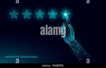Low poly cinq 5 étoiles produit concept. La rétroaction positive de la qualité de client satisfaction bon choix. Haut polygonales heureux de l'expérience utilisateur Illustration de Vecteur