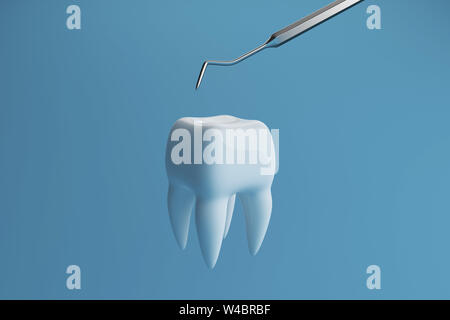 Image d'une dent sur un fond bleu avec un outil de dentiste. Outil de dentiste inspecter des dents. Le rendu 3D. Banque D'Images