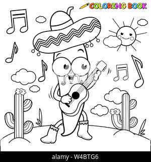 Illustration noir et blanc d'un piment mariachi à la guitare, le chant et la danse dans le désert mexicain. Banque D'Images