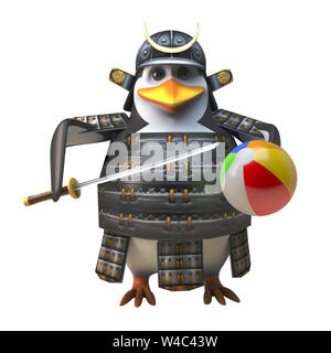 Fun loving penguin Samurai Warrior en armure tenant un ballon de plage et katana sword, illustration 3D render Banque D'Images