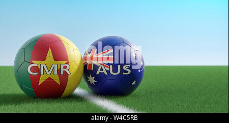 Australie vs Cameroun Match de football - ballons de soccer en Australie et le Cameroun couleurs nationales sur un terrain de soccer. Copie de l'espace sur le côté droit - 3D Rend Banque D'Images