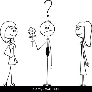 Vector cartoon stick figure dessin illustration conceptuelle de l'homme passe date, holding flower et de décider entre deux filles ou femmes. Illustration de Vecteur