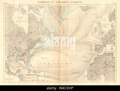 Courants de l'océan Atlantique Nord 1886 ancienne carte graphique plan vintage Banque D'Images