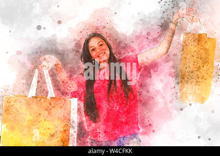 Amélioration de l'image numériquement Happy young female shopper carrying shopping bags Banque D'Images