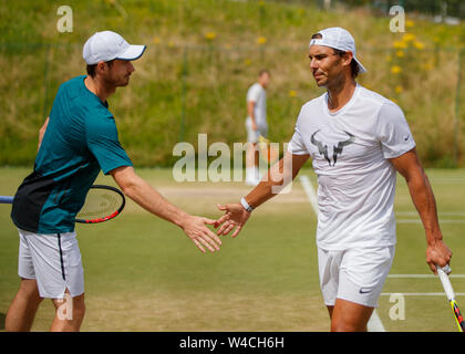 Rafa Nadal Andy Murray et serrer la main sur la pratique Aorangi Tribunaux au tournoi de Wimbledon 2019. Tenue à l'All England Lawn Tennis Club, W Banque D'Images