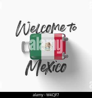 Bienvenue au Mexique. drapeau national sur une valise de voyage. 3D Render Banque D'Images
