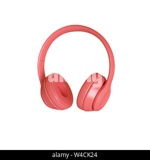 Image de rendu 3D de couleur corail moderne audio écouteurs sur un fond blanc. Banque D'Images