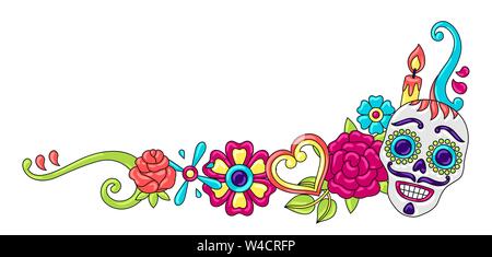 Le Jour des Morts la décoration. Ornement floral avec des crânes de sucre. Illustration de Vecteur