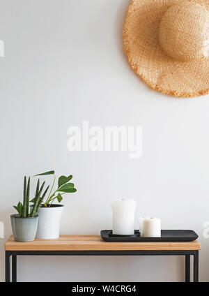 Intérieur clair moderne minimaliste dans les détails. Chapeau de paille sur le mur sur la petite console en bois avec des plantes vertes Banque D'Images