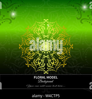 Illustration abstraite de mandala floral en or avec fond dégradé vert à noir. Design élégant et décoratif pour l'art, la méditation ou les thèmes du luxe Banque D'Images