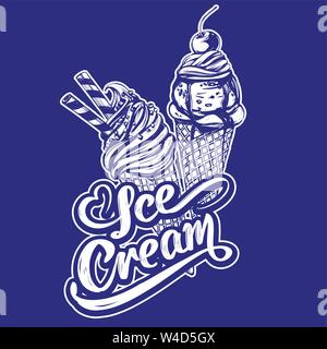 La crème glacée logo, texte calligraphié hand drawn vector illustration croquis réalistes Illustration de Vecteur