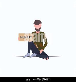 Homme barbu mendiant holding sign board avec texte faim de tramp la mendicité pour aider les sans-abri sans-télévision concept blanc pleine longueur Illustration de Vecteur