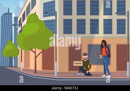 Femme en donnant de la nourriture aux affamés mendiant man sitting on city street avec panneau à la mendicité pour aider les sans-abri d'extérieur de bâtiment concept chômage Illustration de Vecteur