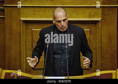 Athènes, Grèce. 20 juillet, 2019. Chef de parti politique MERA25 Yanis Varoufakis, prend la parole lors du premier jour d'énoncés de politiques du nouveau Gouvernement grec au Parlement grec à Athènes. Credit : Giorgos Zachos SOPA/Images/ZUMA/Alamy Fil Live News Banque D'Images