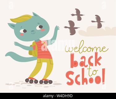 Bienvenue de nouveau à l'affiche de l'école avec cartoon animaux. Chat drôle Illustration de Vecteur