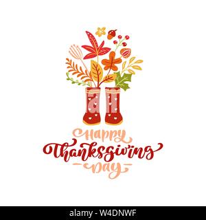 Lettrage calligraphie vecteur Happy Thanksgiving Day et illustration de feuilles jaunes et orange et rouge des bottes en caoutchouc. L'action de l'automne Illustration de Vecteur