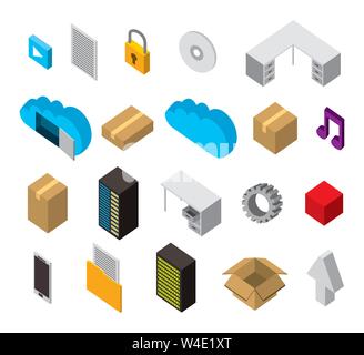 Ensemble de stockage des centres de données icônes jeu isométrique Illustration de Vecteur