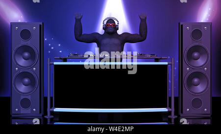 Disc jockey DJ gorille, singe avec mains en jouant de la musique sur la platine, l'ape sur scène avec deejay équipement audio, vue avant, 3D Rendering Banque D'Images