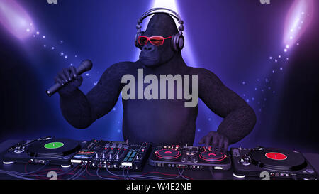 DJ gorille, disc-jockey monkey avec microphone à jouer de la musique sur la platine, l'ape sur scène avec deejay équipement audio, vue en gros, rendu 3D Banque D'Images