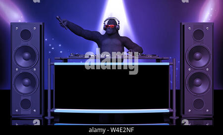 DJ gorille, disc-jockey monkey holding microphone et écouter de la musique sur la platine, l'ape sur scène avec deejay équipement audio, 3D Rendering Banque D'Images