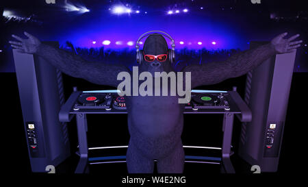 DJ gorille, disc-jockey monkey jouer de la musique sur la platine, l'ape sur scène avec deejay équipement audio, vue arrière, 3D Rendering Banque D'Images