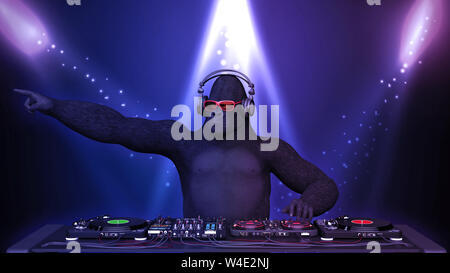 DJ gorille, disc-jockey monkey pointant et jouer de la musique sur la platine, l'ape sur scène avec deejay équipement audio, 3D Rendering Banque D'Images