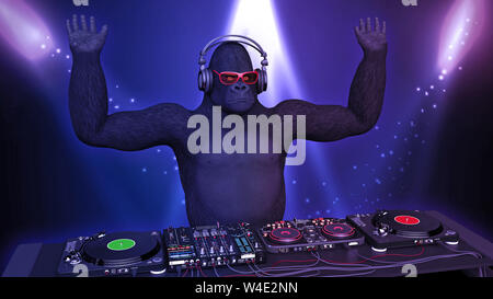Disc jockey DJ gorille, singe avec mains en jouant de la musique sur la platine, l'ape sur scène avec deejay équipement audio, 3D Rendering Banque D'Images