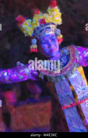 La peinture à l'huile numérique effet d'une danseuse balinaise en solo, une femme en costume traditionnel d'effectuer à l'Ubud Palace. Banque D'Images