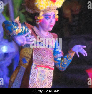 La peinture à l'huile numérique effet d'une danseuse balinaise en solo, une femme en costume traditionnel d'effectuer à l'Ubud Palace. Banque D'Images