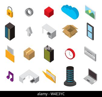 Ensemble de stockage des centres de données icônes jeu isométrique Illustration de Vecteur