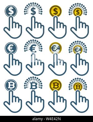 Index en cliquant sur devises. La main de dollar, l'euro et de bitcoin. Financial concept design. Illustration de Vecteur