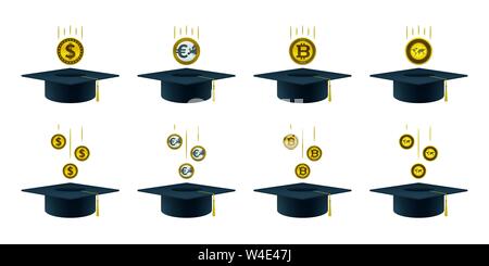 Pièces de tomber dans l'obtention du diplôme d'enseignement et les caps concept design. Illustration de Vecteur