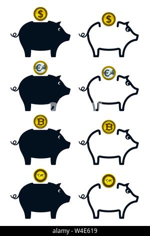 Piggy banques en pièces sur fond blanc. Vecteur financier d'icônes. Illustration de Vecteur
