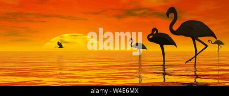 Plusieurs flamants pacifiques par beau coucher du soleil - 3D rendre Banque D'Images