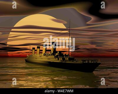 Célèbre navire Titanic flottant sur l'eau par temps nuageux coucher du soleil - 3D render Banque D'Images