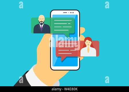 Notifications de message Chat téléphone mobile vector illustration sur fond bleu. Hand holding smartphone et bulle chat des discours. Parler en ligne Illustration de Vecteur