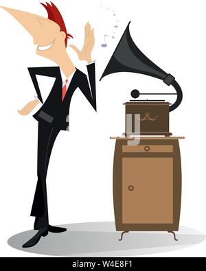 Illustration isolée homme, musique et lecteur de disques vintage.Un homme souriant met la main à l'oreille et écoute la musique d'un joueur de disques vintage Illustration de Vecteur
