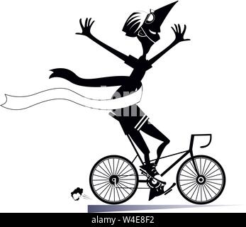 Un homme de dessin animé fait un vélo et remporte l'illustration isolée de la course. Un homme souriant en casque fait un vélo et termine avec un ruban gagnant noir sur blanc Illustration de Vecteur