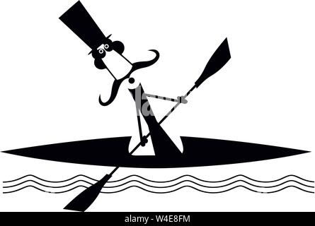 Nautisme longues moustaches homme illustration. Comic longues moustaches homme dans le top hat flottant sur les vagues sur le bateau noir sur blanc Illustration de Vecteur