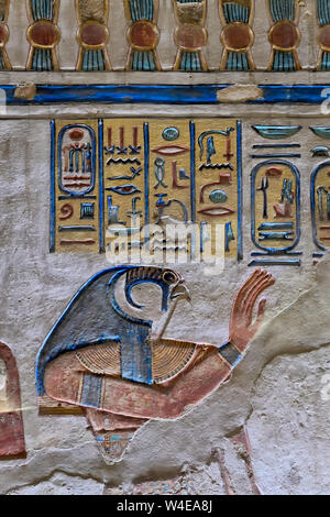 Relief sur les murs de la tombe d'Amun-Her-Khopshef représentant un profil d'Horus Banque D'Images