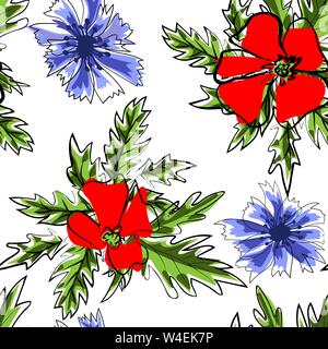 Champ de fleurs de printemps de fond transparent. Les fleurs rouges fleurs de pavot sauvage avec des tiges vertes, feuilles et bourgeons floraux. Papier peint à motif floral Illustration de Vecteur