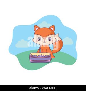 Cute animal fox avec gâteau d'anniversaire vector illustration design Illustration de Vecteur
