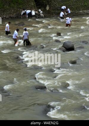 Bogor, Java ouest, Indonésie - Juillet 2019 : un groupe d'hommes travaillent ensemble dans la corbeille cueillette rivière Ciliwung. Banque D'Images