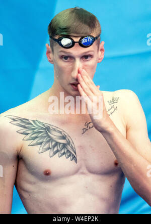 Gwangju, Corée du Sud. 23 juillet, 2019. Natation championnat du monde : 800 mètres nage libre, hommes, préliminaire : Florian Wellbrock de Allemagne réagit après la course. Crédit : Bernd Thissen/dpa/Alamy Live News Banque D'Images