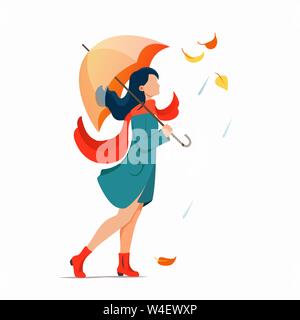 Femme avec parapluie en marchant dans la rue. Illustration des pluies d'automne' concept. Vector Illustration de Vecteur