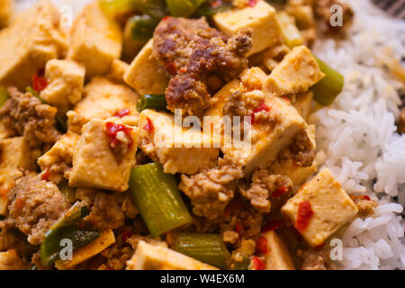 Le Mapo Doufu aussi connu comme le tofu, Mapu asiatiques épicés un plat composé de viandes hachées et de tofu aux oignons de printemps et beaucoup de piment, Close up Banque D'Images