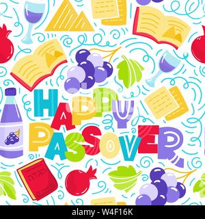 Happy Passover seamless pattern fête juive Pessa'h. Vector illustration colorée de style doodle. Isolé sur fond blanc. Illustration de Vecteur
